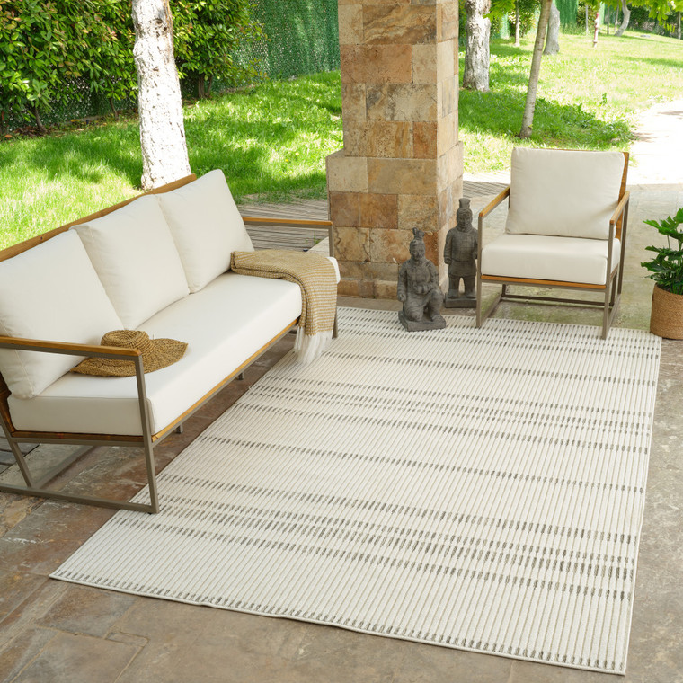 4' X 6' Cream and Beige Striped Distressed Indoor Outdoor Area Rug