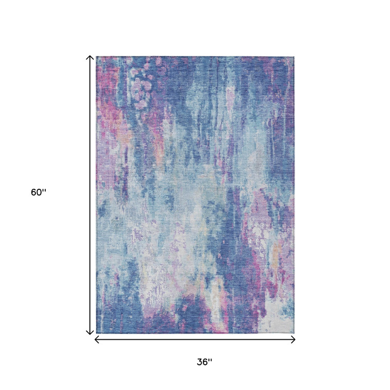 3' X 5' Blue Peach And Sky Blue Abstract Washable Indoor Outdoor Area Rug