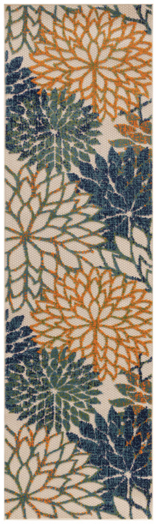 8' Ivory Blue Green And Yellow Floral Indoor Outdoor Runner Rug