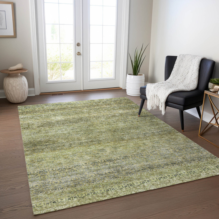 5' X 8' Artichoke Green Brown And Gray Striped Washable Indoor Outdoor Area Rug