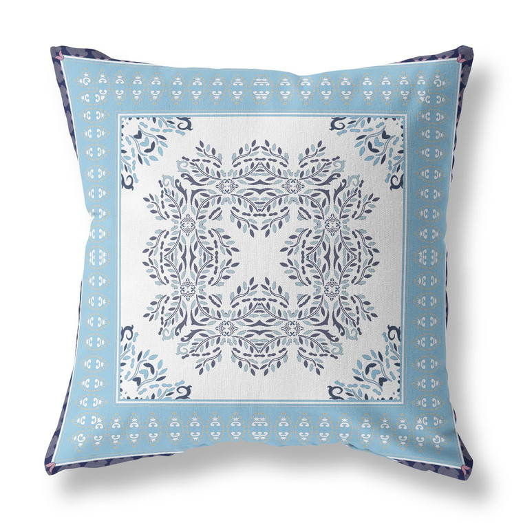 20"x20" White Blue Indigo Blown Seam Broadcloth Floral Throw Pillow