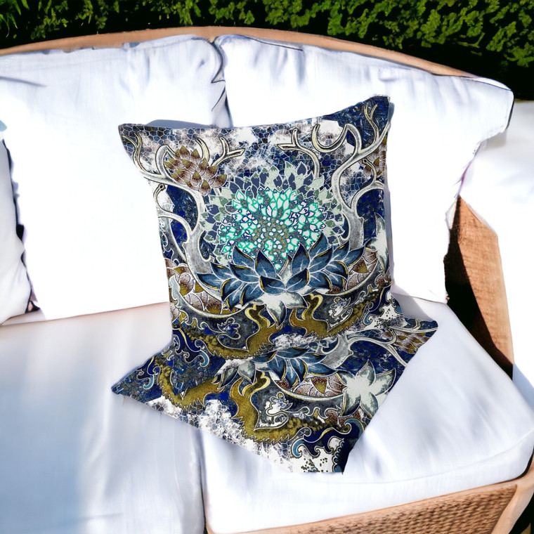 Modern Set of Two 16" X 16" Blue and Green Blown Seam Floral Indoor Outdoor Throw Pillow for Living Room Bedroom Office