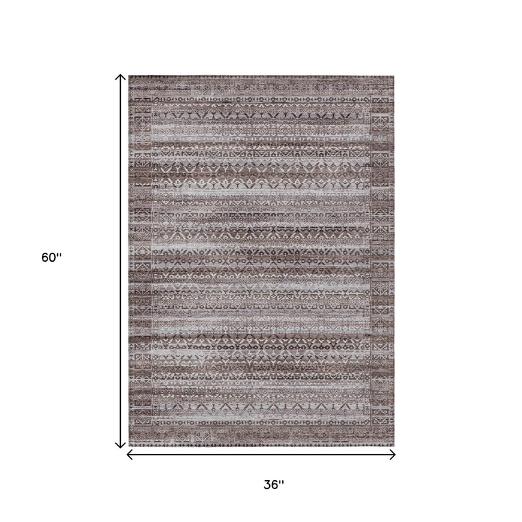 3' X 5' Brown And Beige Striped Washable Indoor Outdoor Area Rug - Brown, Beige