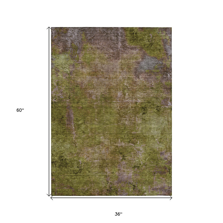 3' X 5' Green Abstract Washable Indoor Outdoor Area Rug