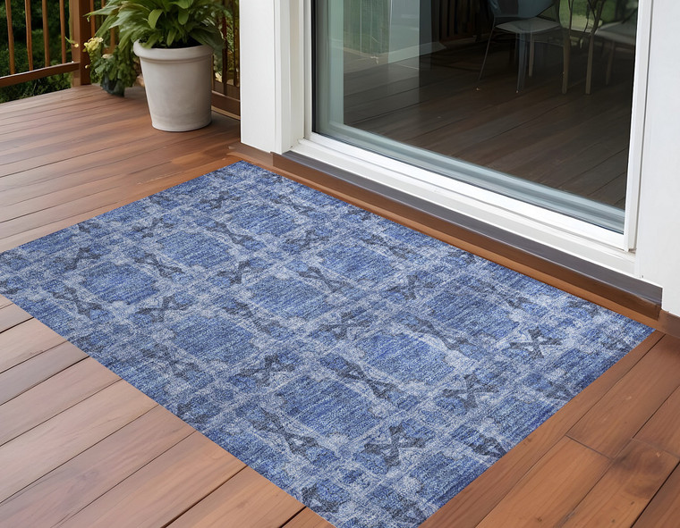 3' X 5' Denim Blue and Gray Floral Medallion Washable Non Skid Indoor Outdoor Area Rug