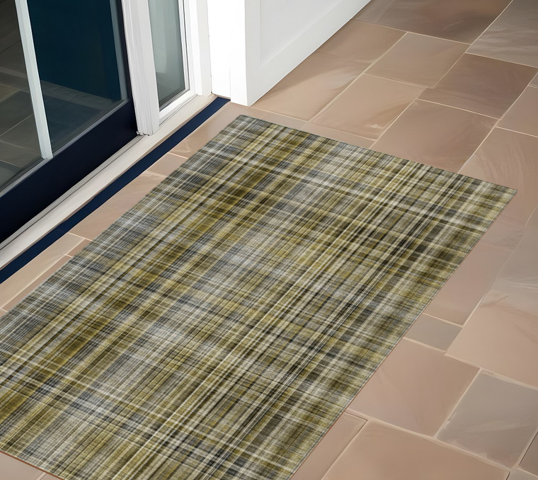 3' X 5' Green Beige and Gray Plaid Washable Non Skid Indoor Outdoor Area Rug
