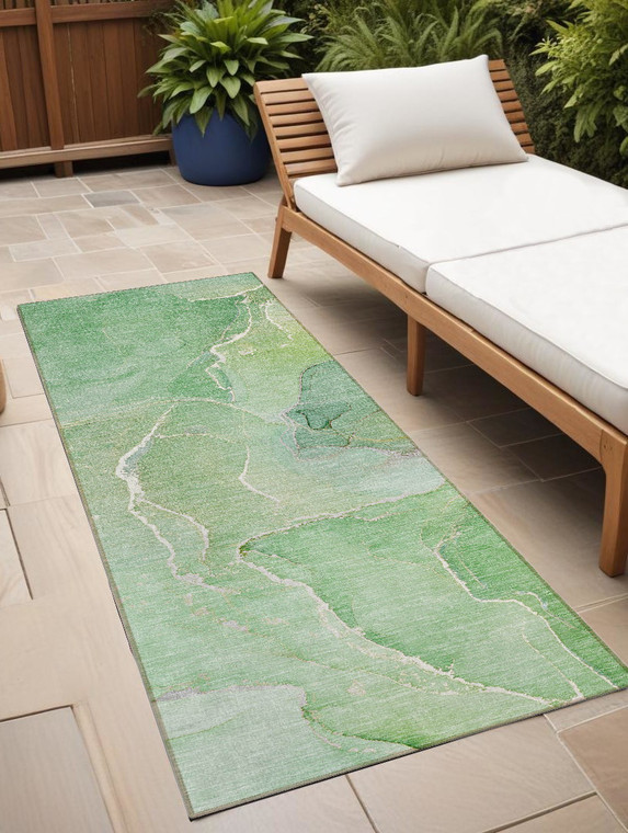 8' Runner Green Abstract Washable Non Skid Indoor Outdoor Runner Rug Transitional Style - Green Color