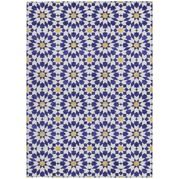 5' X 8' Navy Blue And Ivory Floral Medallion Washable Indoor Outdoor Area Rug