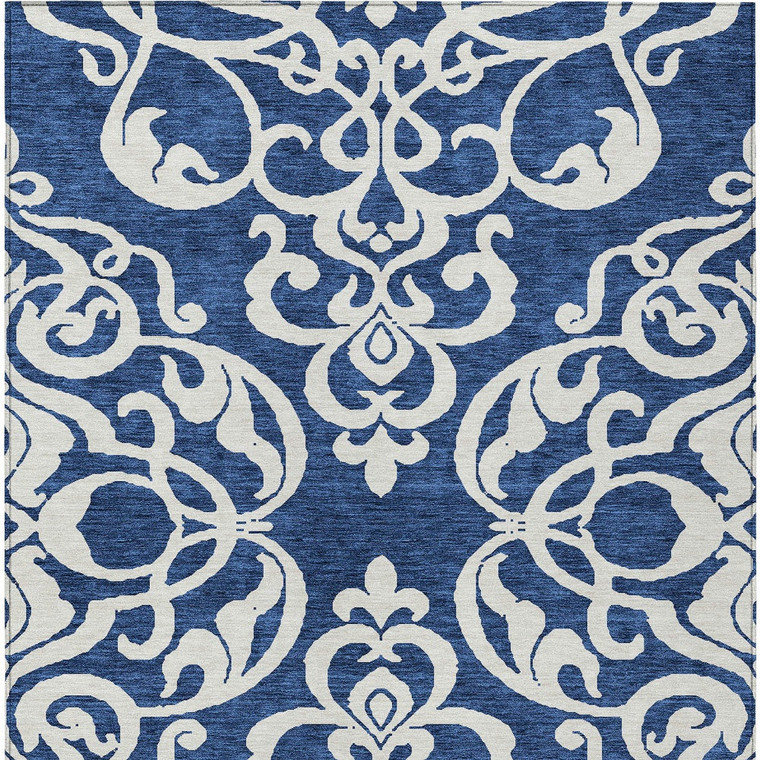 5' X 8' Navy Blue And Ivory Damask Washable Indoor Outdoor Area Rug - Navy Blue, Ivory