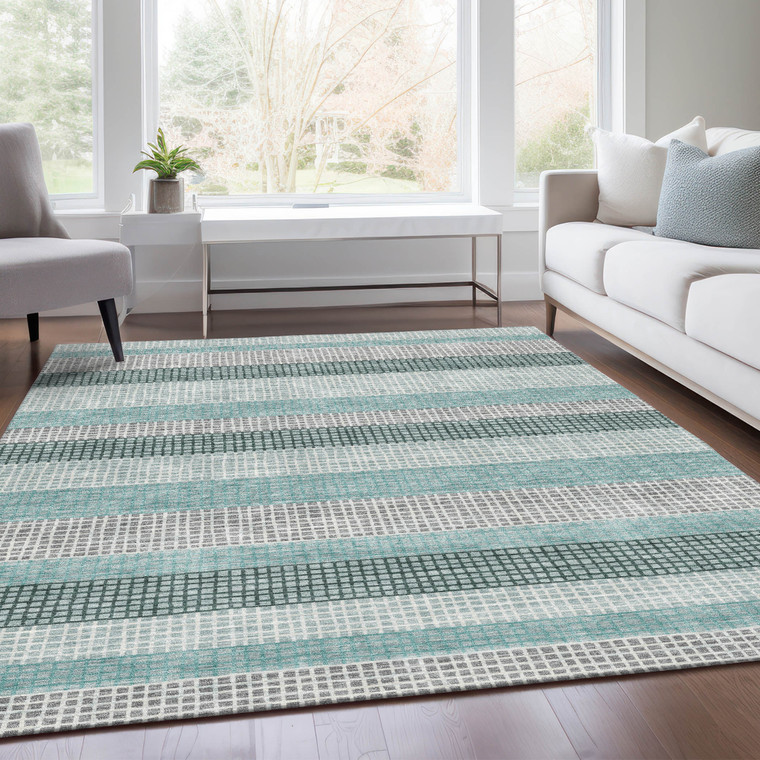 3' X 5' Teal Blue And Ivory Striped Washable Indoor Outdoor Area Rug - Teal Blue, Ivory