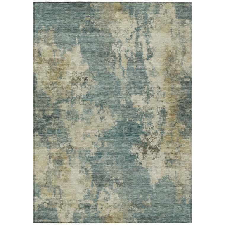 5' X 8' Teal Blue And Beige Abstract Washable Indoor Outdoor Area Rug - Teal Blue, Beige