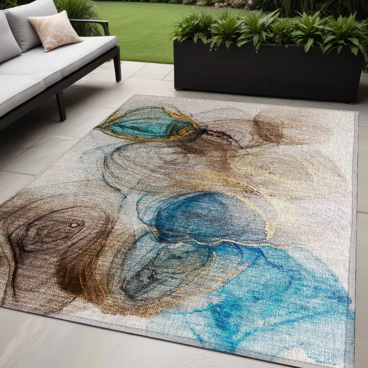 5' X 8' Beige Abstract Washable Non Skid Indoor Outdoor Area Rug - Beige