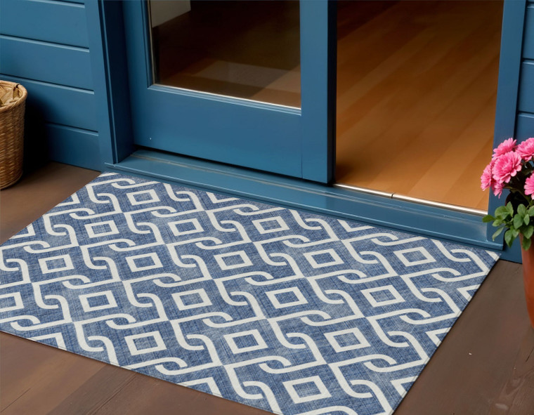 3' X 5' Navy Blue And Ivory Geometric Washable Indoor Outdoor Area Rug Transitional Style - Navy Blue, Ivory Color