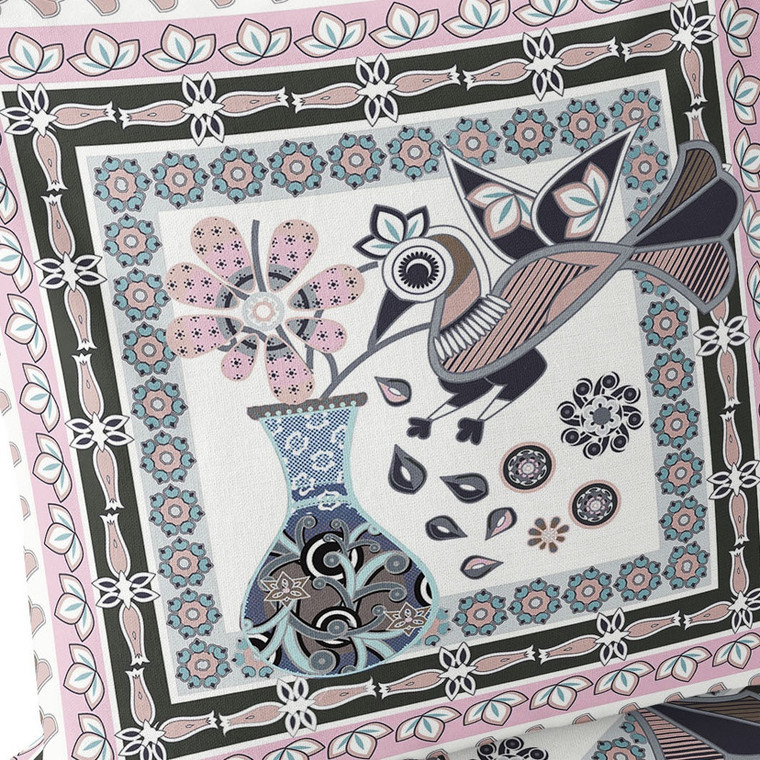 Set of Two 16" X 16" Pink and Black Peacock Blown Seam Floral Indoor Outdoor Throw Pillow