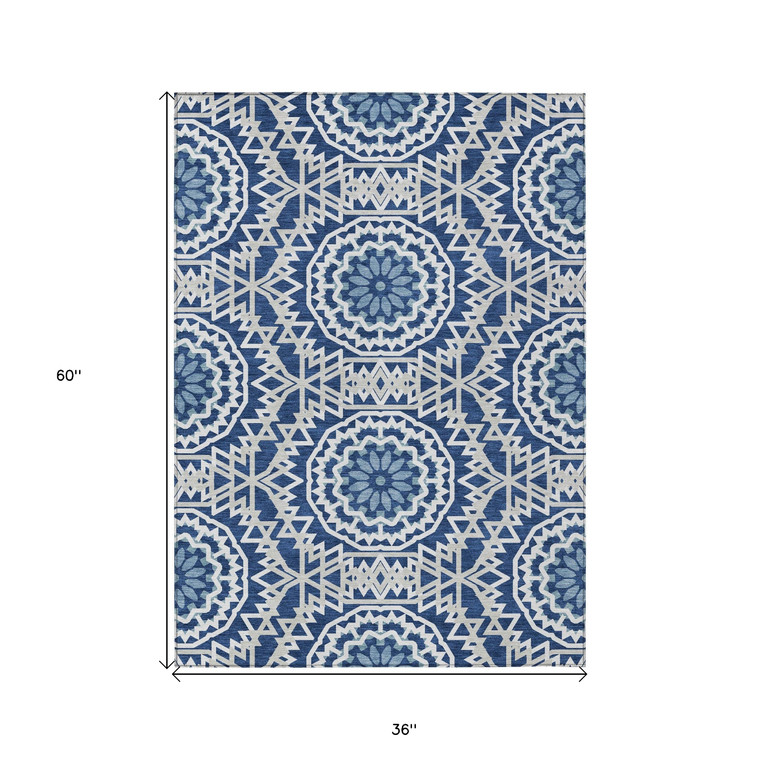 3' X 5' Navy Blue Ivory And Gray Floral Medallion Washable Indoor Outdoor Area Rug