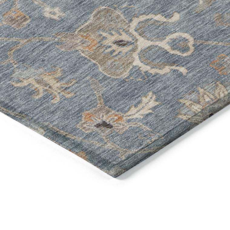 5' X 8' Denim Blue Ivory And Coral Floral Washable Indoor Outdoor Area Rug