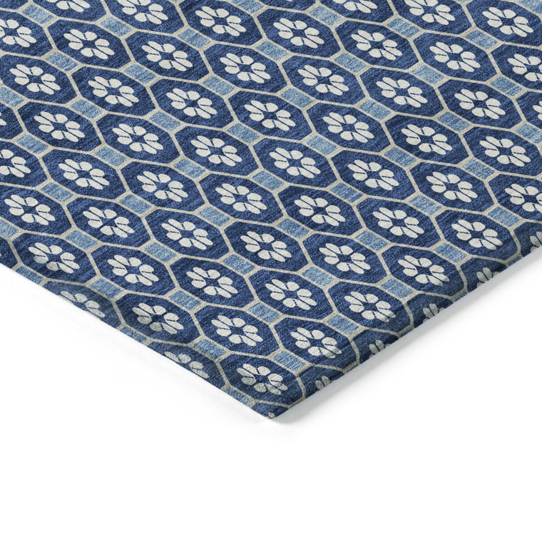 5' X 8' Blue And Sky Blue Floral Washable Indoor Outdoor Area Rug