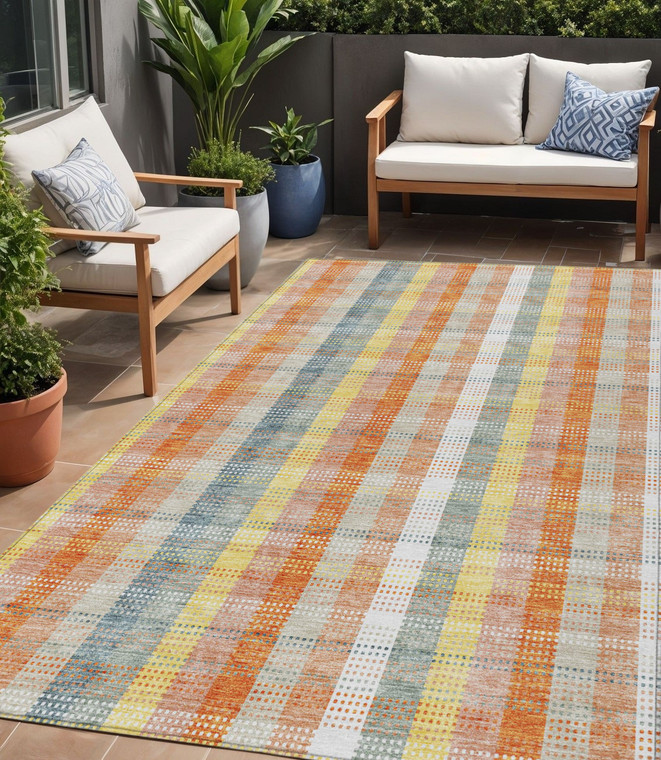 5' X 8' Peach Ivory And Orange Plaid Washable Indoor Outdoor Area Rug