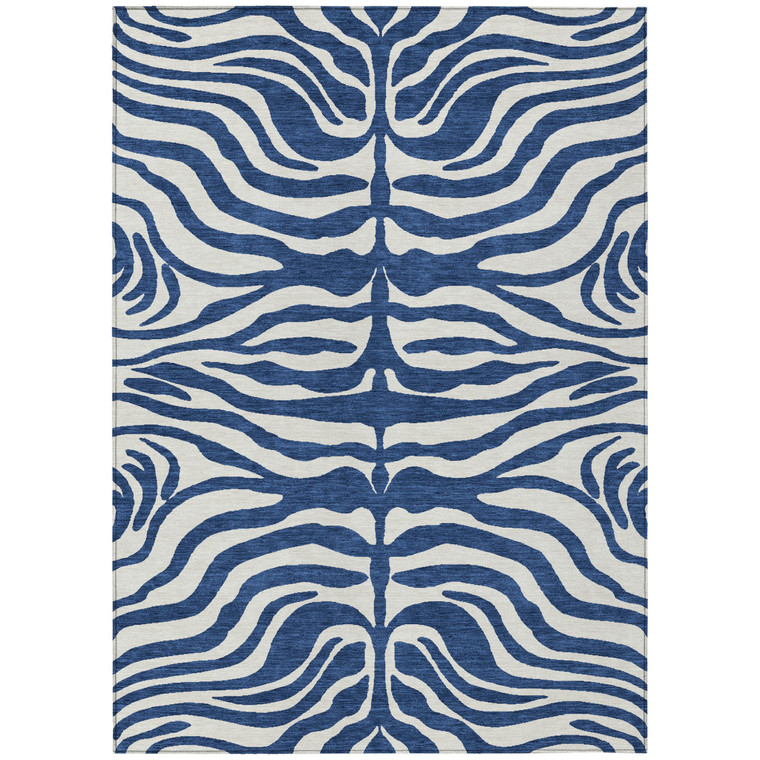 3' X 5' Navy Blue And Ivory Animal Print Washable Indoor Outdoor Area Rug