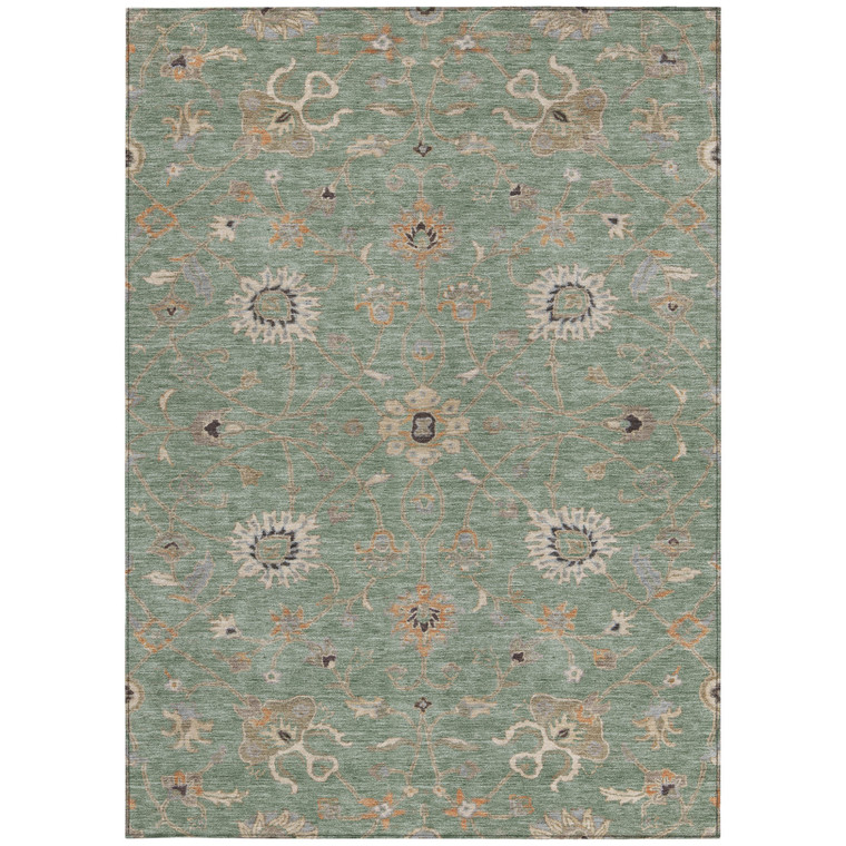 3' X 5' Artichoke Green Ivory And Coral Floral Washable Indoor Outdoor Area Rug