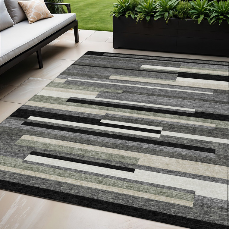 5' X 8' Black Charcoal And Gray Striped Washable Indoor Outdoor Area Rug