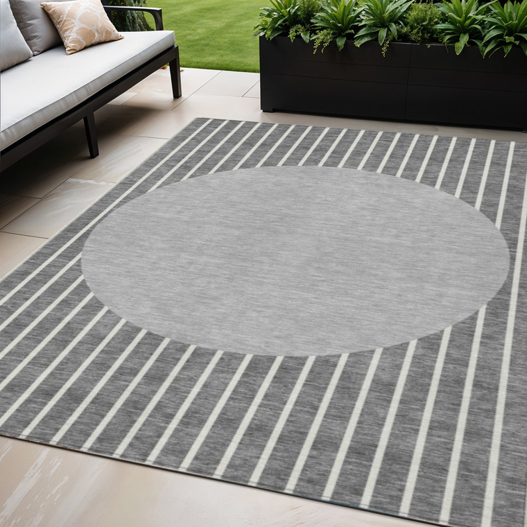 5' X 8' Gray And Ivory Striped Washable Indoor Outdoor Area Rug Transitional Style - Gray, Ivory Color
