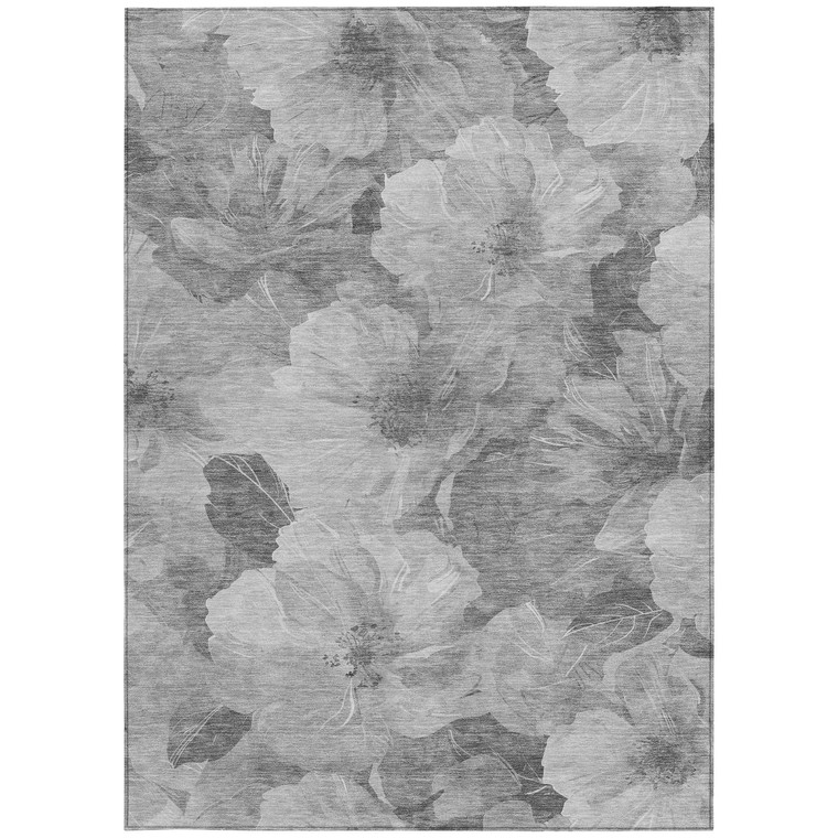 3' X 5' Gray And Charcoal Floral Washable Indoor Outdoor Area Rug - Gray, Silver