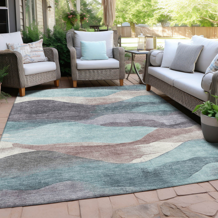 3' X 5' Teal Blue And Plum Abstract Washable Indoor Outdoor Area Rug - 880016564402