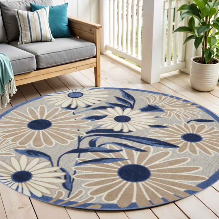 5' Blue And Gray Round Floral Indoor Outdoor Area Rug