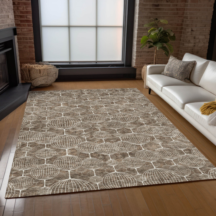 5' X 8' Chocolate And Beige Geometric Washable Indoor Outdoor Area Rug