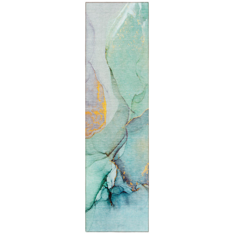 8' Runner Teal Abstract Washable Non Skid Indoor Outdoor Runner Rug Transitional Style - Teal Blue Color