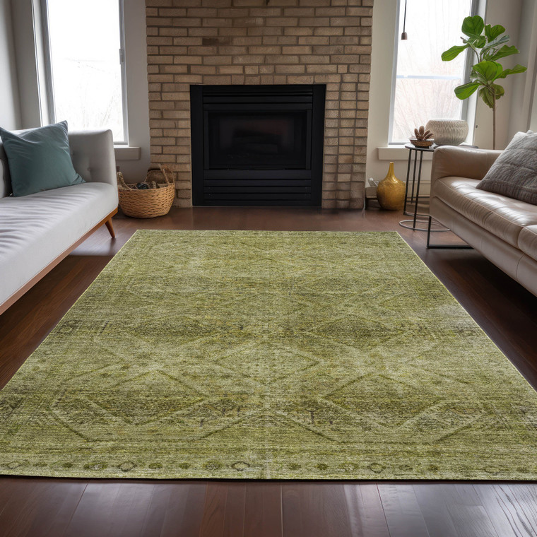 3' X 5' Artichoke Green And Ivory Geometric Washable Indoor Outdoor Area Rug - Artichoke Green, Ivory