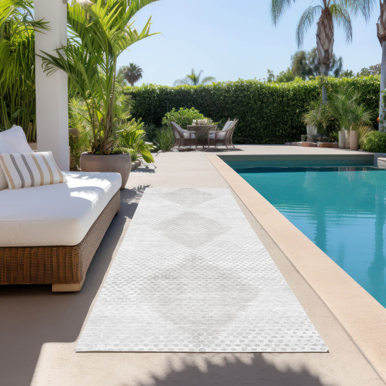 8' Runner Ivory Geometric Washable Non Skid Indoor Outdoor Runner Rug