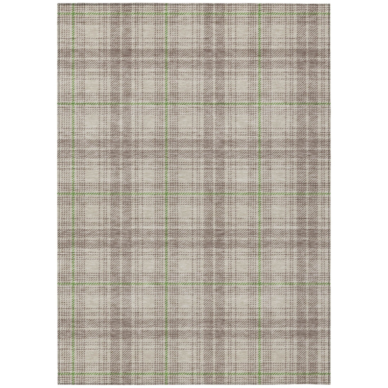5' X 8' Beige Ivory And Green Plaid Washable Indoor Outdoor Area Rug