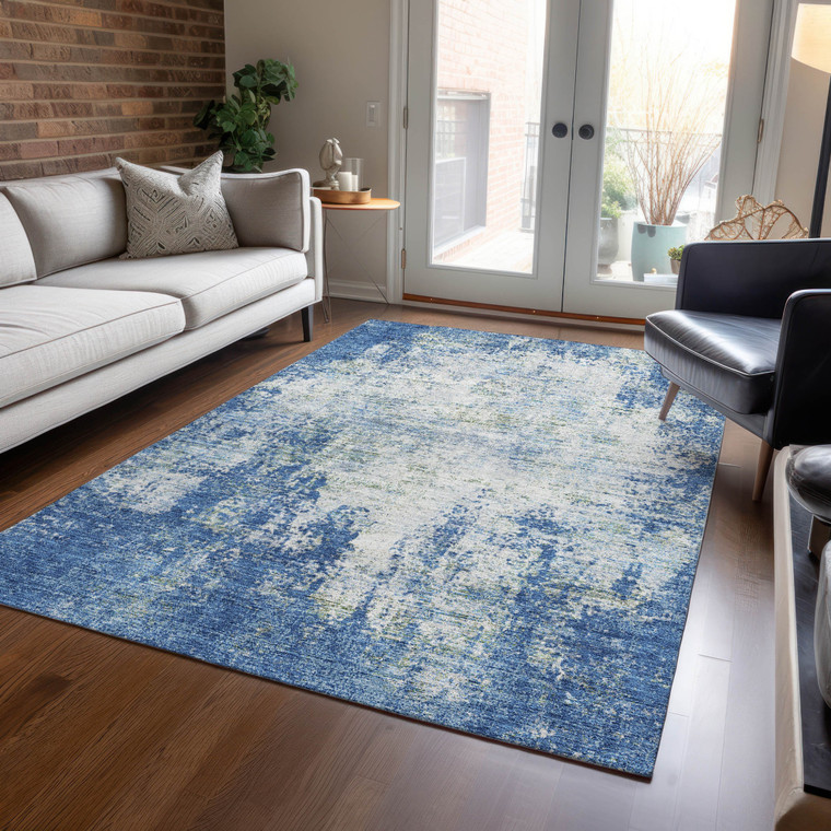 5' X 8' Denim Blue And Ivory Abstract Washable Indoor Outdoor Area Rug Transitional Style - Denim Blue, Ivory Color