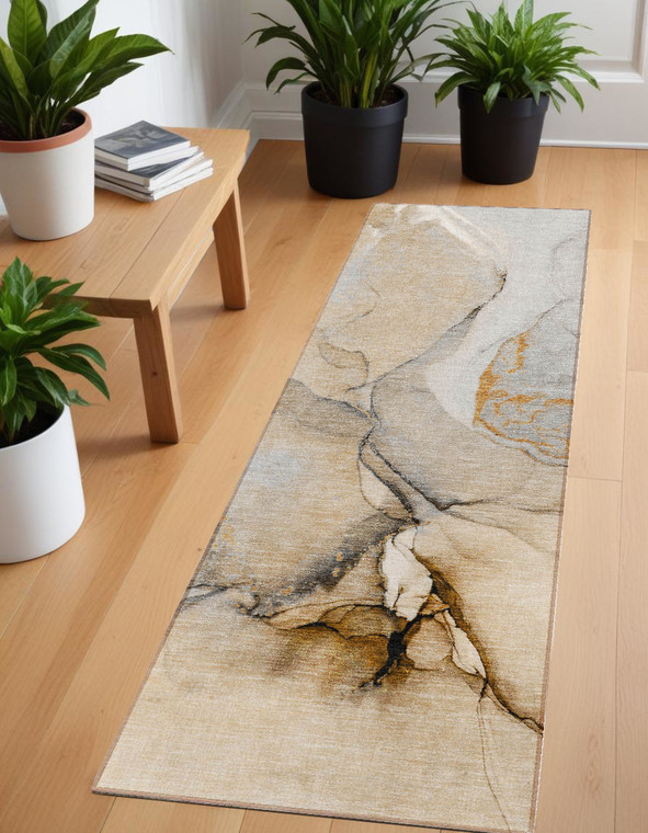 8' Runner Beige Abstract Washable Non Skid Indoor Outdoor Runner Rug - 608219129262