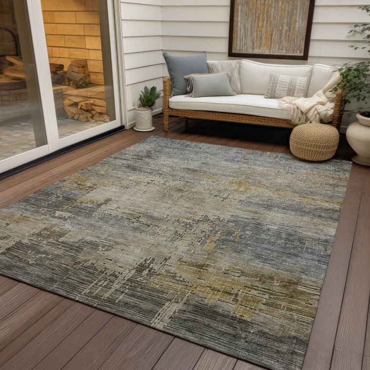 5' X 8' Pewter And Wheat Abstract Washable Indoor Outdoor Area Rug
