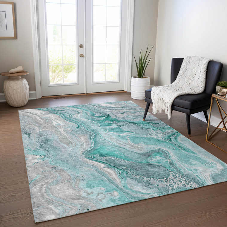 3' X 5' Teal Blue And Ivory Abstract Washable Indoor Outdoor Area Rug - Teal Blue, Ivory