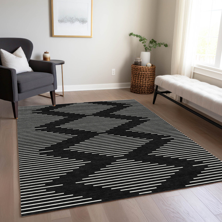 5' X 8' Black And Ivory Geometric Washable Indoor Outdoor Area Rug Transitional Style - Black, Ivory Color