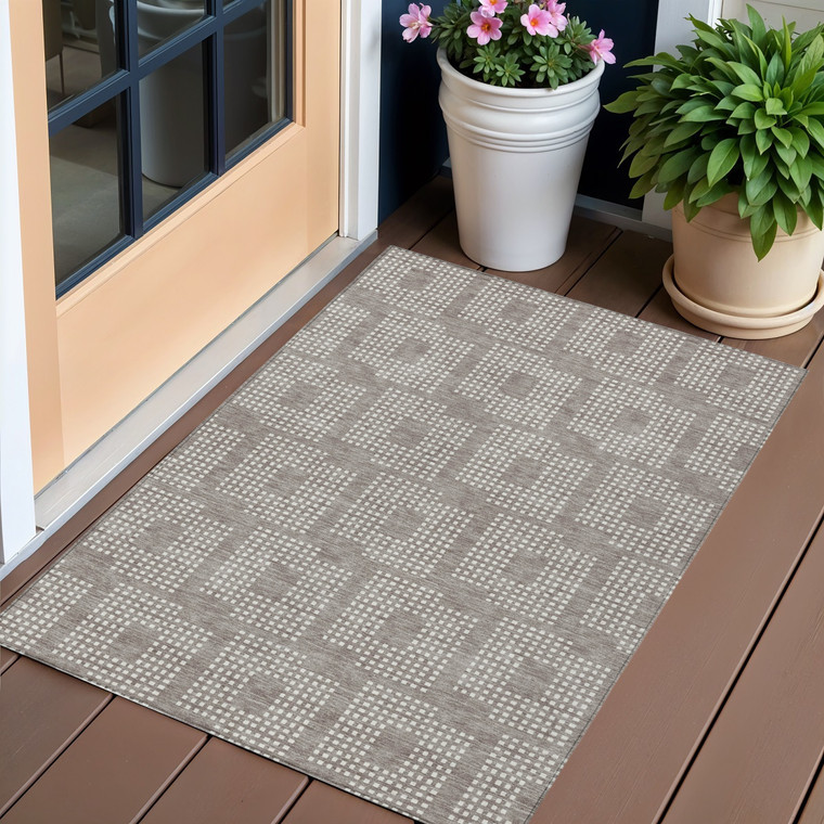 3' X 5' Taupe And Ivory Geometric Washable Indoor Outdoor Area Rug - 608219036478