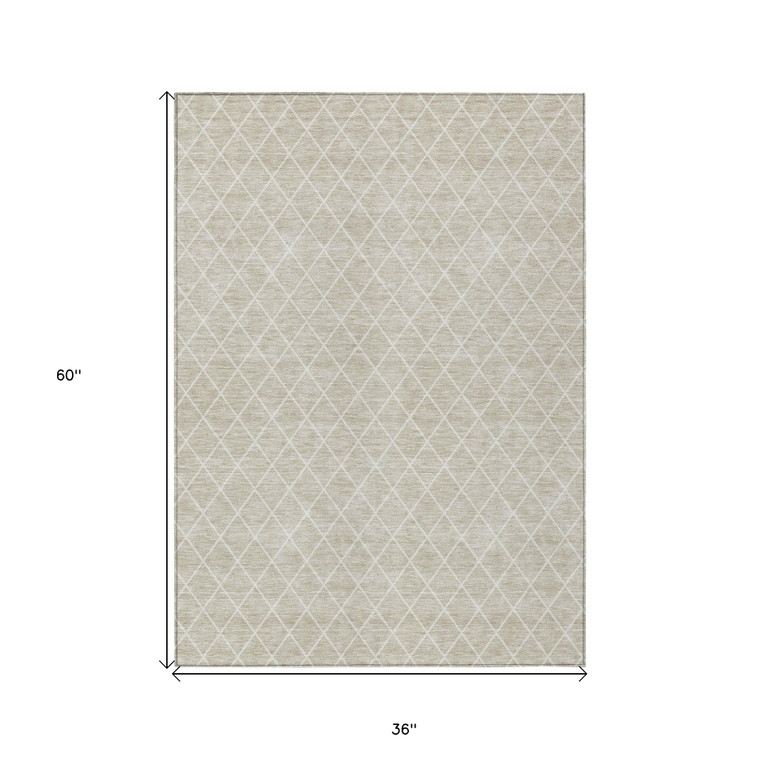 3' X 5' Beige And Ivory Geometric Washable Indoor Outdoor Area Rug Transitional Style - Beige, Ivory Color