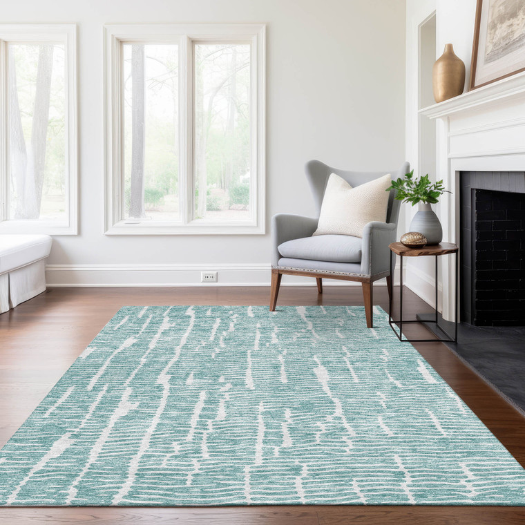 5' X 8' Teal Blue And Ivory Abstract Washable Indoor Outdoor Area Rug Transitional Style - Teal Blue, Ivory Color
