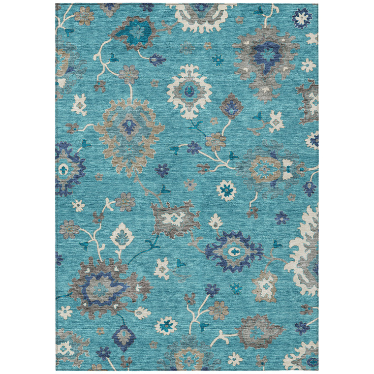 3' X 5' Teal Blue Silver And Gray Floral Washable Indoor Outdoor Area Rug