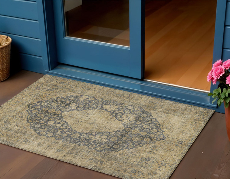 3' X 5' Charcoal And Beige Medallion Washable Indoor Outdoor Area Rug