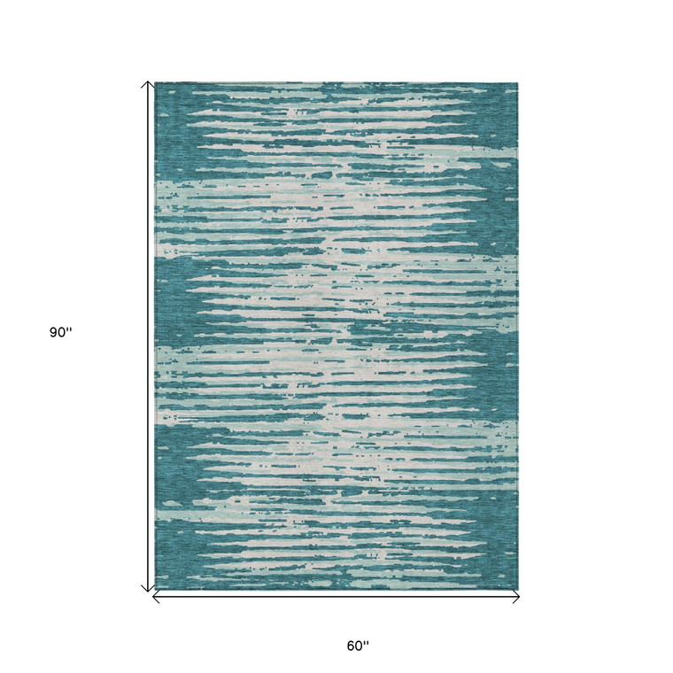 5' X 8' Teal Blue And Ivory Striped Washable Indoor Outdoor Area Rug Transitional Style - Teal Blue, Ivory Color