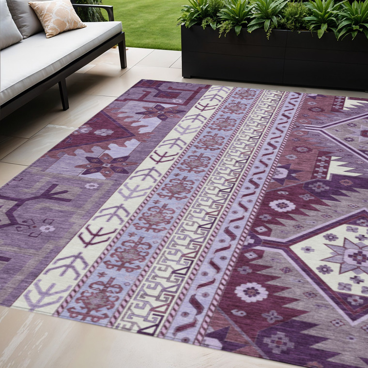 5' X 8' Purple Lavender And Ivory Aztec Washable Indoor Outdoor Area Rug
