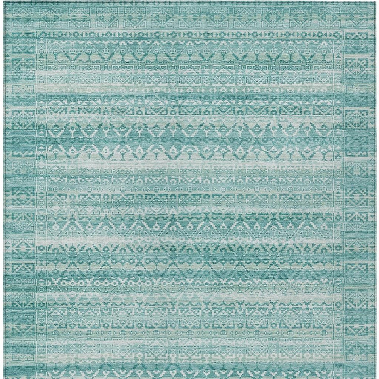 3' X 5' Aqua And Ivory Striped Washable Indoor Outdoor Area Rug