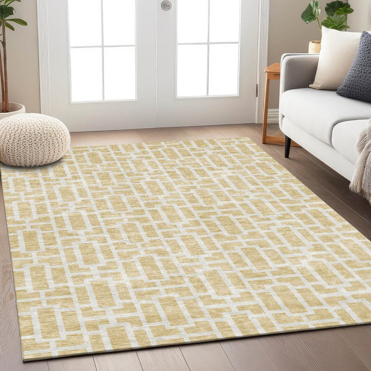 5' X 8' Wheat And Ivory Geometric Washable Indoor Outdoor Area Rug