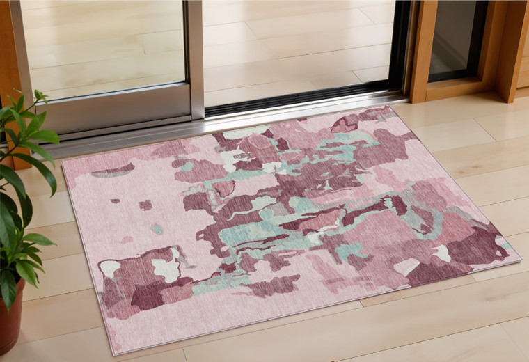 3' X 5' Pink And Gray Abstract Washable Indoor Outdoor Area Rug - Pink, Gray