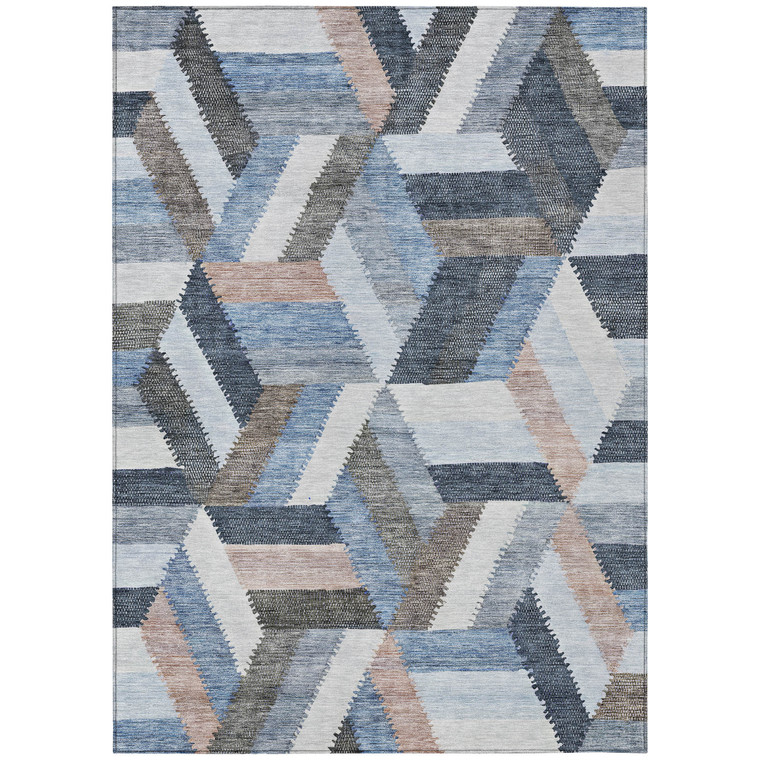5' X 8' Blue Geometric Washable Indoor Outdoor Area Rug - Blue